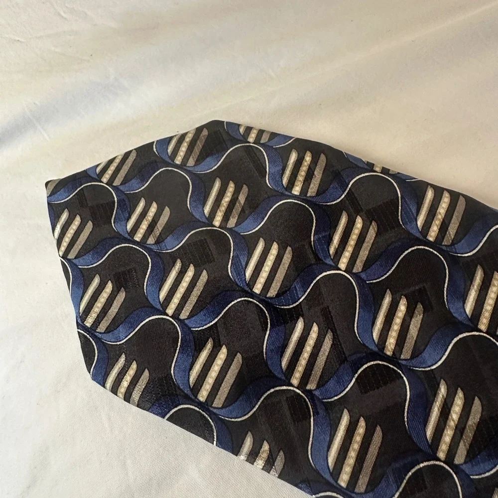 Vtg Don‎ Loper Beverly Hills Mens Silk Tie Black Blue Gold Geometric Abstract OS